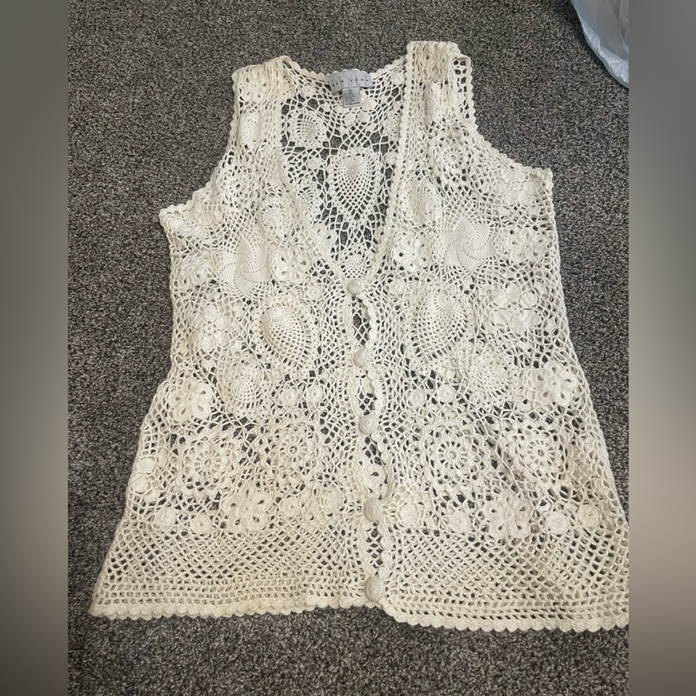 Style New York white boho crochet lace sleeveless button up tank top L